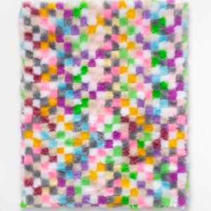 Pintura abstracta de Gerónimo Araquistain formada por una retícula de pequeños cuadrados de colores sobre fondo claro, con textura y composición geométrica contemporánea.